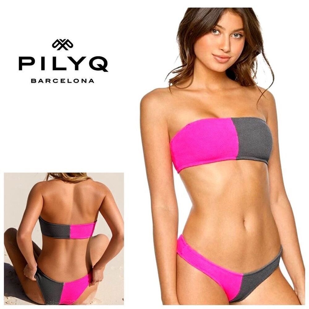 New. Pilyq teeny pink and gray bikini set. M/L. Retails $178